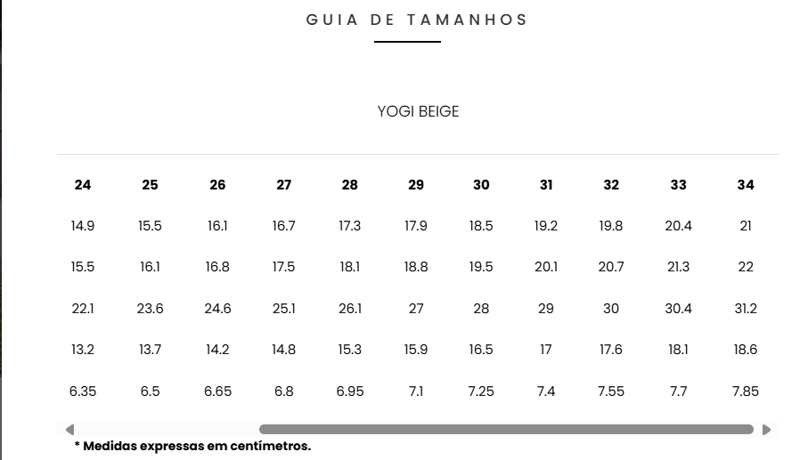 Guia de Tamanhos