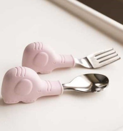Tiny Twinkle Talheres em Aço e Silicone Elefante Rosa